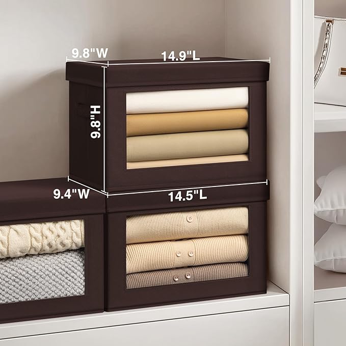 Homsorout Collapsible Storage Bins with Clear Window - Clothes Organizers and Storage, Decorative Boxes with Lid, Fabric Storage Cube, Storage Baskets for shelves, Yarn, Home, Brown, 4-Pack
