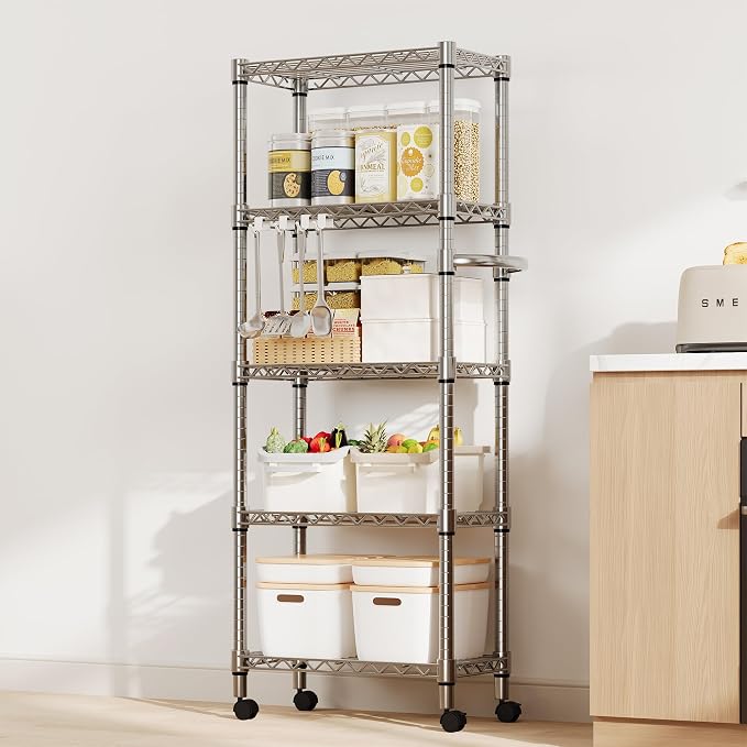 Garvee 5-Tier Storage Shelves Heavy Duty Metal Wire Rack Shelving, 1100 LBS Capacity Rolling Storage Rack with Wheels, for Living Room Pantry Kitchen Bedroom Organization