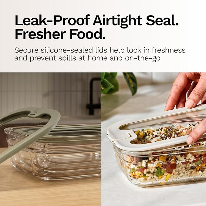 Naked Kitchen 8-Piece Food Storage Containers with Lids – Nesting Borosilicate Glass Meal Prep Containers with Leak-Proof Airtight Seal – BPA Free, Microwave, Oven, Freezer & Dishwasher Safe – Cream