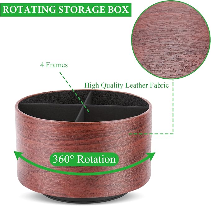 Round Leather Art Supply Organizer,Remote Control Holder,360 Degree Spinning,Multi-Functional Pencil Holder,4 Compartments Desktop Stationary Organizer(1-Light Brown2)