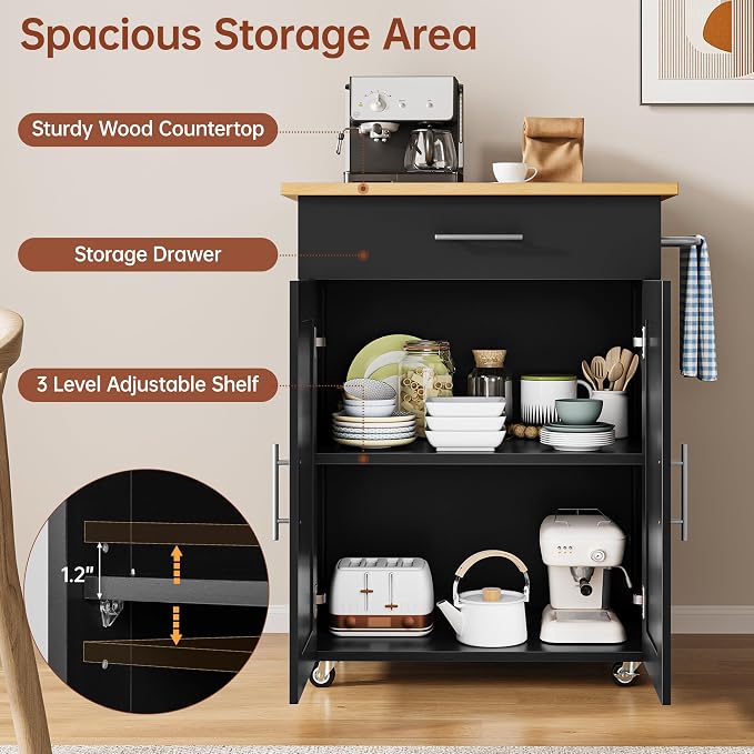 OtterOasis Kitchen Island Cart with Storage, Small Kitchen Island on Wheels with Large Drawer, Adjustable Shelf & Towel Rack, Rolling Island Table for Kitchen & Dining Room, Black