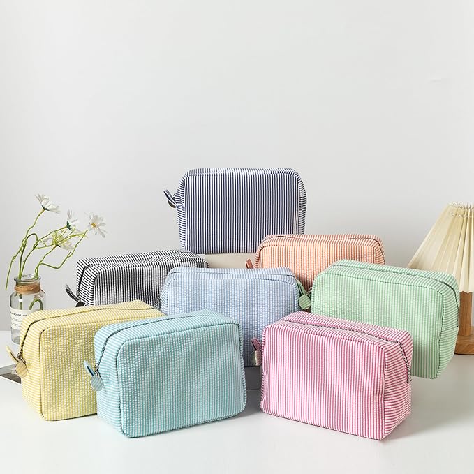 Large Capacity Striped Pencil Case Cosmetic Bag with Zipper Portable Stationery Organizer Pouch for School Students Teens Travel Toiletry Bag (Red)