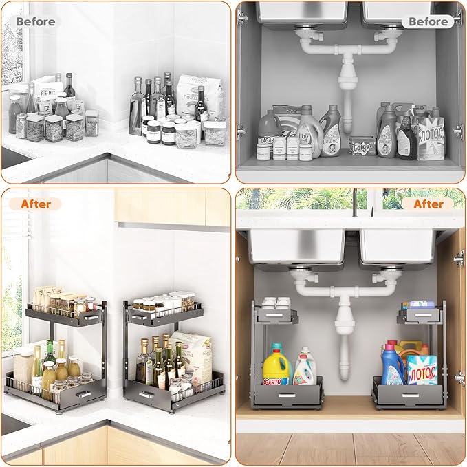 Under Sink Organizer,2 Tier Slide Out Kitchen Cabinet Organizers with Pulley,Under Bathroom Sink Pull Out Organizer with Multiple Height Adjustments for Kitchen and Bathroom Cabinets-Gray