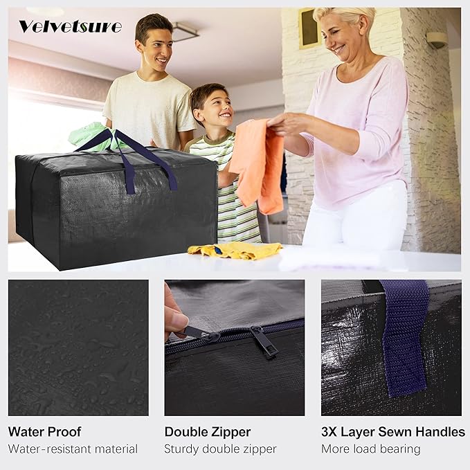 VELVETSURE 12 Pack Heavy Duty Extra Large Moving Bags W/Backpack Straps - Strong Handles & Zippers, Storage Totes For Space Saving, Fold Flat, Alternative to Moving Box and Storage Bin, Black