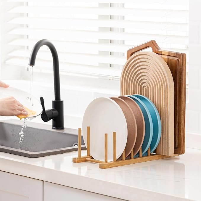 HBlife 2pcs Heighten Bamboo Wooden Dish Drying Rack Plate Pot Lid Organizer | Plate Bowl Cup Book Pot Lid Cutting Board Stand, Drainer Storage Holder Organizer, For Kitchen Cabinet, 8 Slots