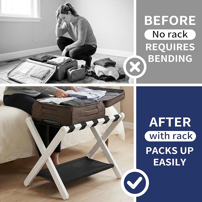 Heybly Luggage Rack for Guest Room, Folding Luggage Stand & Suitcase Holder, Suitcase Stand, Heavy Duty Wooden Luggage Rack with Double Shelf for Hotel & Bedroom, 5 Heavy Duty Straps, White HLR012W1