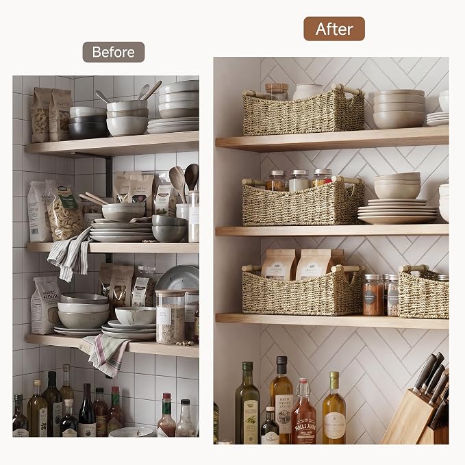 StorageWorks Large Wicker Baskets for Organizing, Seagrass Storage Baskets with Handles, Woven Baskets for Pantry Storage, 15" x 11" x 6¾", 1-Pack