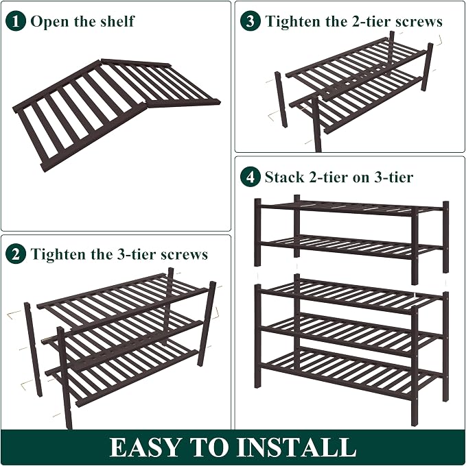 Smiry Bamboo Shoe Rack for Closet, 5 Tier Wooden Shoe Organizer, Stackable Wood Shoe Storage Shelf for Entryway, 14 Vertical Slats, 2+3 Stack Heavy-Duty Legs, 26.77"x11.02"x31.3", Brown