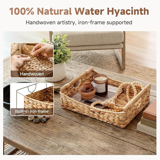 StorageWorks Wicker Baskets for Organizing, Water Hyacinth Storage Baskets with Handles, Woven Baskets for Pantry Storage, 15¼" x 11¾" x 4¾", 1-Pack