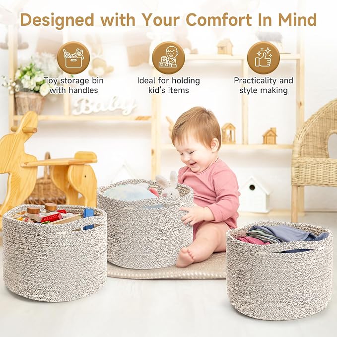 Small Rope Baskets for Storage, Baskets for Gifts Empty, Cute Round Woven Basket, Decorative Shelf Baskets 9.82×9.82×7.1", Cotton Toy Storage Bins for Organizer 3 Packs Mixed Brown