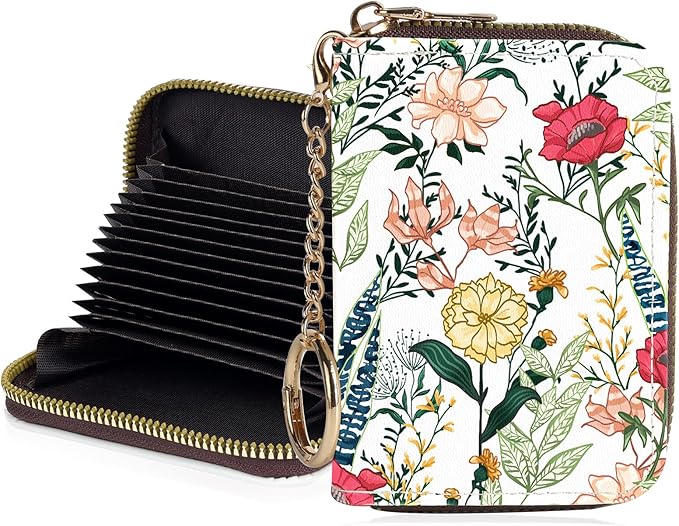 Credit Card Holder for Women,Small Rfid Wallet with Keychain Zipper,Cute PU Leather Card Case Wallet，Accordion Credit Card Wallets Gift,Red and Yellow Flower C