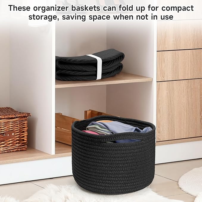 Small Rope Baskets for Storage, Baskets for Gifts Empty, Cute Round Woven Basket, Decorative Shelf Baskets 9.82×9.82×7.1", Cotton Toy Basket Storage Bins for Organizer-Black