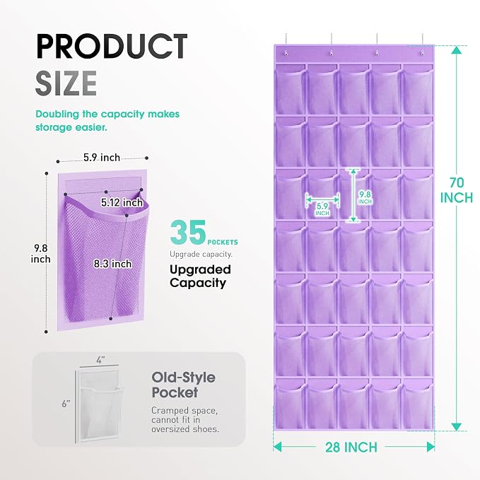 WVM Over the Door Shoe Organizer with 35 Breathable Mesh Pockets, Hanging Shoe Organizer for Door with 4 Metal Hooks, Large Capacity Closet Storage for Shoes, Accessories