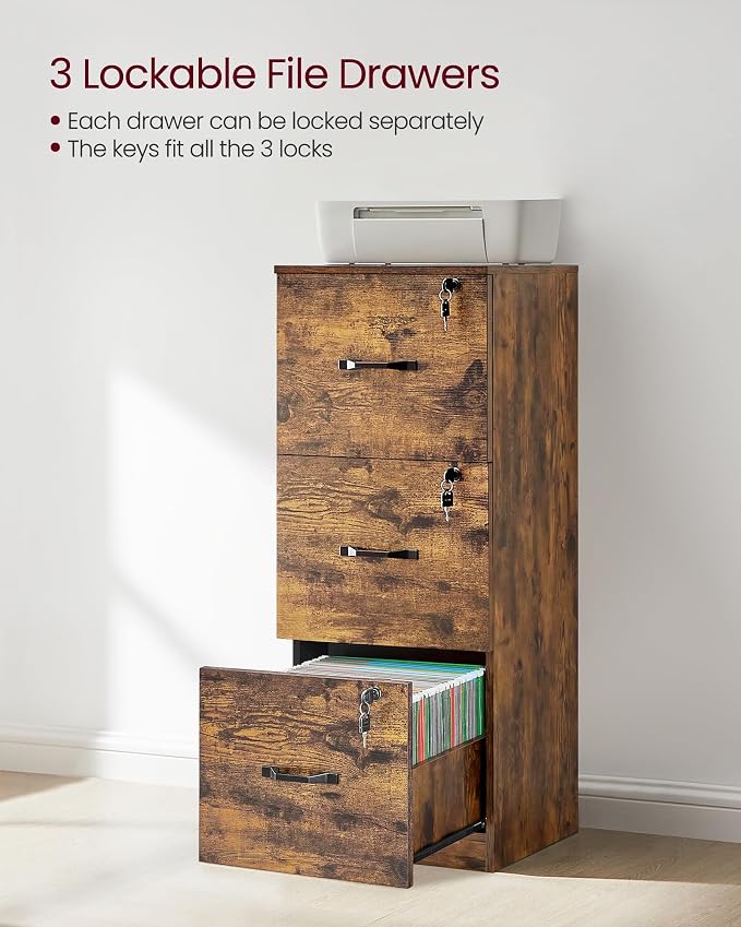 VASAGLE Custos Collection File Cabinet, 3 Drawer Filing Cabinet for Home Office, with Wheels, for A4, Letter Sized Documents, Hanging File Folders, Rustic Brown UOFC055K101S