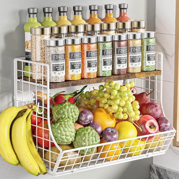 Magnetic Shelf for Fridge with Wood Lid, Fruit Potato and Onion Storage Bins, Pantry Organizers and Storage, Strong Magnetic Spice Rack for Refrigerator, Kitchen Counter and Laundry Room (X-Large)