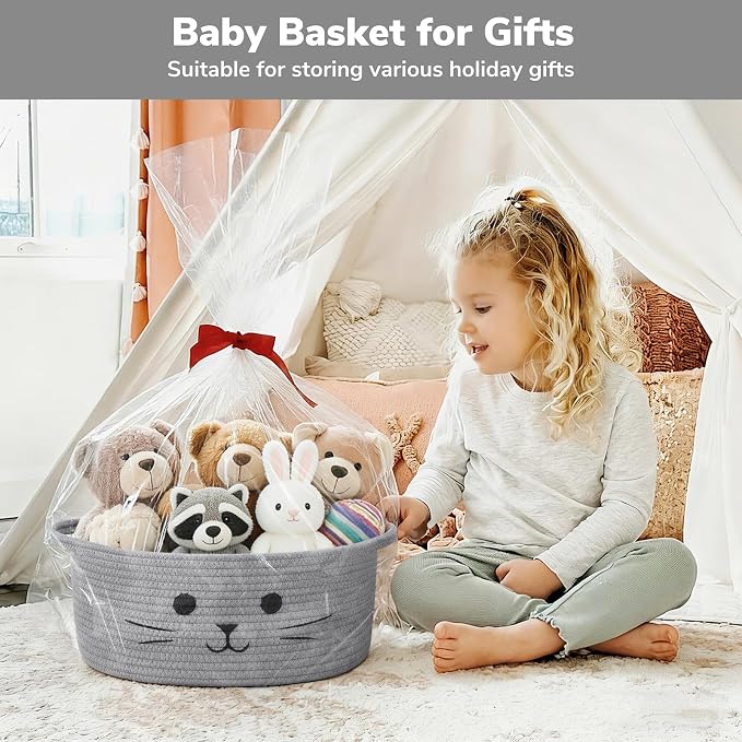 13.8" x 6" Cat Toy Basket, Woven Basket for Living Room Home Décor, Medium Empty Gift Baskets for Nursery, Cotton Rope Baskets for Cats Bed, Grey