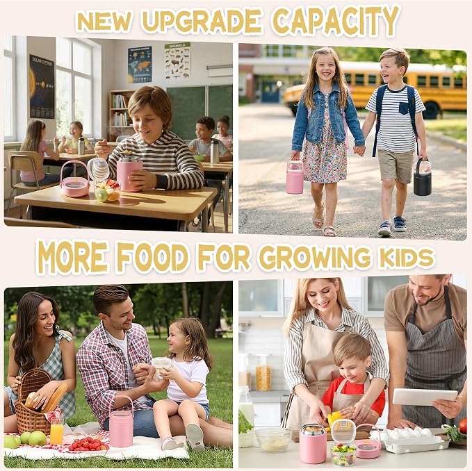 20oz Soup Thermo for Hot Food with a Snack Box Container，Leak Proof Insulated Lunch Container Kids and Adults，Stainless Steel Double Wall Vacuum Wide-mouth Food Jar with Spoon and Handle（Pink）