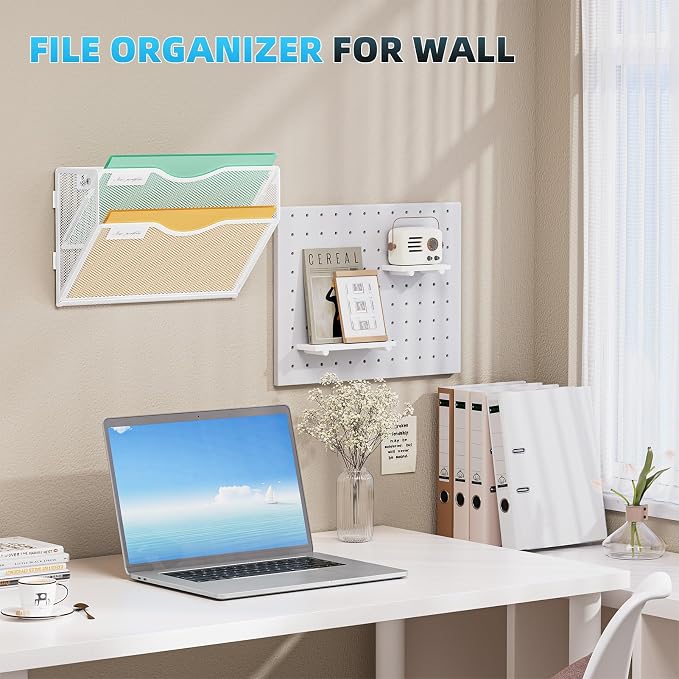 Marbrasse Wall File Holder 2-Tier Hanging Wall File Organizer, Mesh Mail Holder for Papers, Wall Mount File Clipboard & Magazine Organizer Great for Office Home (White)
