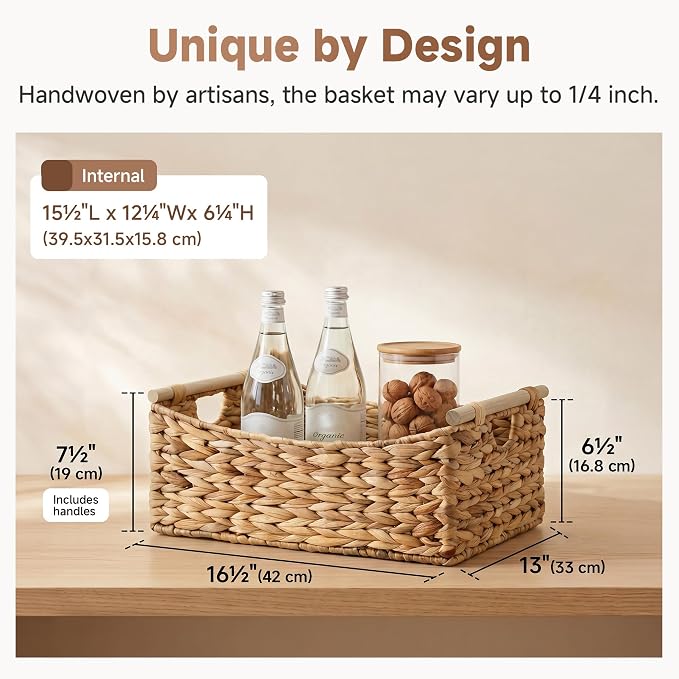 StorageWorks Large Wicker Baskets for Organizing, Water Hyacinth Storage Baskets with Handles, Woven Baskets for Pantry Storage, 16½" x 13" x 7½", 1-Pack