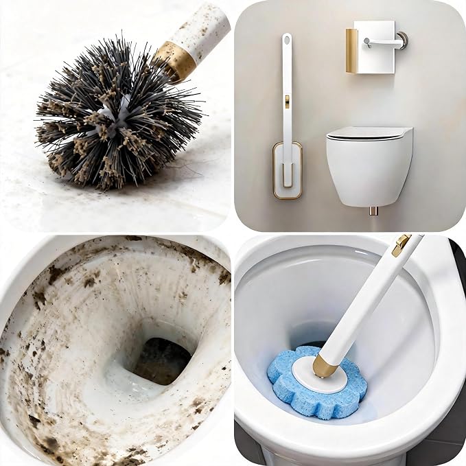 Disposable Toilet Brush with 54 Refills Holder Wall Mount Scrub Kit | Built-in cleaner, Ergonomic wand, Long handle, No wash,Click-discard, 2x Adhesive Sheet‌