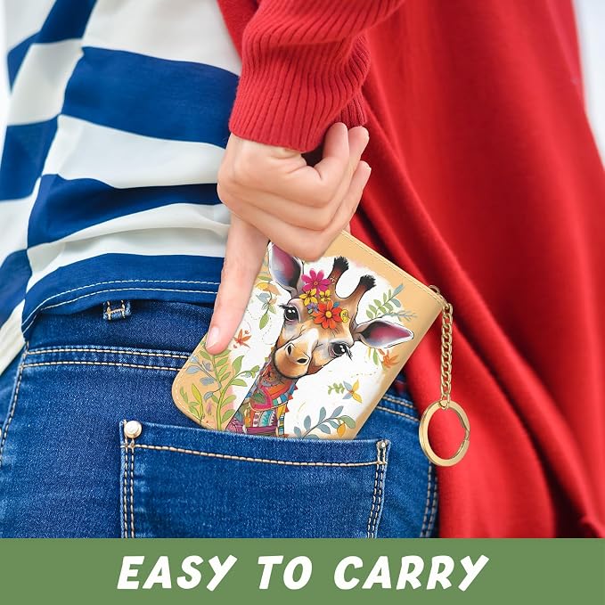 Aiawoxc Credit Card Holder, Small RFID Wallet Slim Leather Card Organizer Case with Zipper and Keychain, Cute Deer