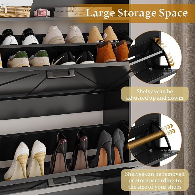 Wodeer Shoe Storage Cabinet with 2 Flip Drawers, Narrow Wood Shoe Cabinet Storage for Entryway with Metal Legs & Hooks, Adjustable Shelves, Freestanding Shoe Rack Organizer for Foyer, Hallway, Black
