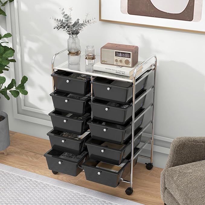 Moccha Rolling Storage Cart with 10 Drawers - Under Desk Storage Drawers with wheels for Craft Art Supply Paper Salon, Storage Drawers Organizer for Classroom Office Movable Utility Cart