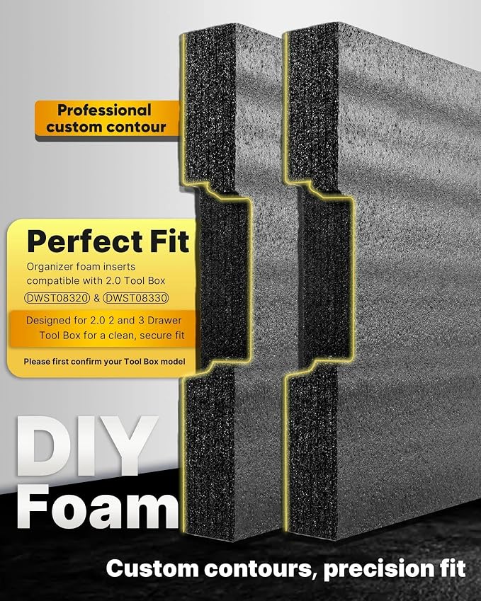2 Pack Organizer Foam Inserts Compatible with 2.0 DWST08320 & DWST08330 2 and 3 Drawer Tool Box, Black Customizable Foam Inserts – DIY Cut & Organize with Impact Protection