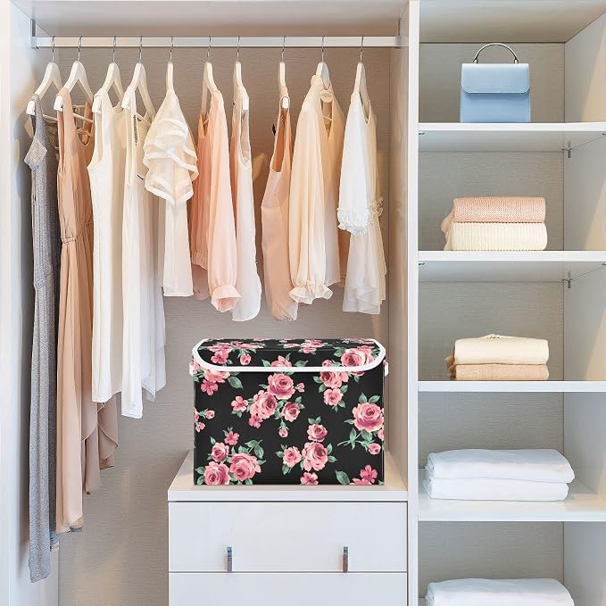 CaTaKu Large Fabric Storage Bins With Lids, Floral Pink Rose Storage Boxes With Handles for Organizing Clothes, Collapsible Storage Cube Bins Baskets for Shelves