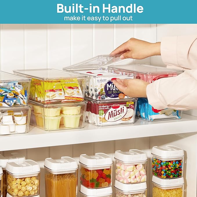 Vtopmart 10pcs Clear Organizers and Storage Bins with Lids, Stackable Plastic Storage Containers with Handles for Fridge, Freezer, Pantry, Cabinet, Kitchen Organization