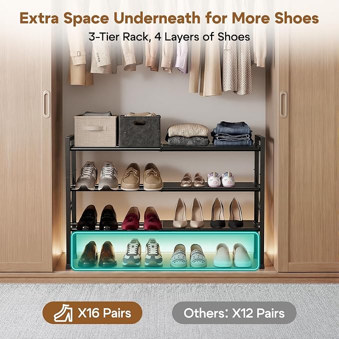 YEASHEIN 3-Tier Expandable Shoe Rack Organizer with Wire Mesh Shelf - Black | Sturdy Metal Shoe Shelf with 4-Tier Storage, Adjustable Shoe Stand, Free Standing Shoe Rack for Closet, Entryway, Garage