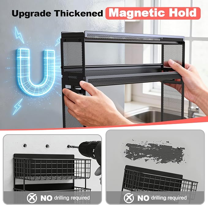 Docnest 3 Tier Refrigerator Magnetic Spice Organizer Shelf with Hooks, Black