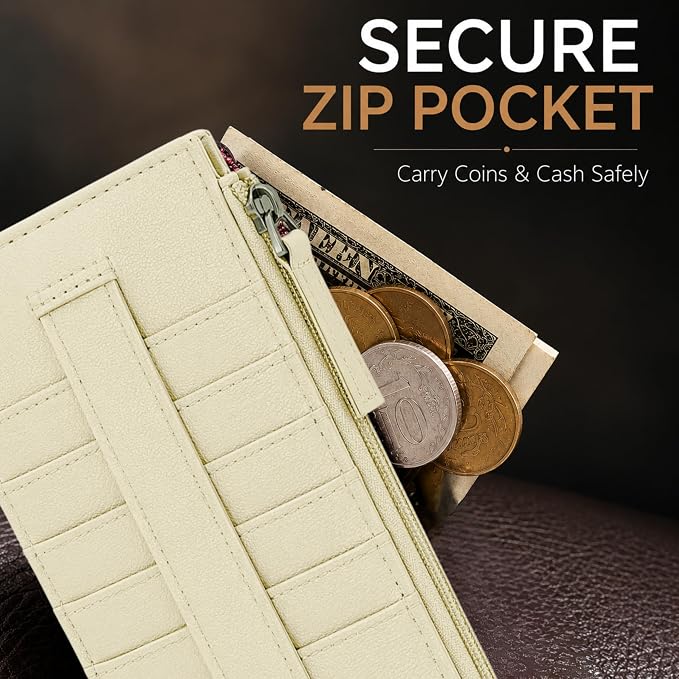 Leatherboss Genuine Leather Women's All in One Credit Business Card Case Holder Slim Zipper Wallet With a Card Protection Strap, Cream