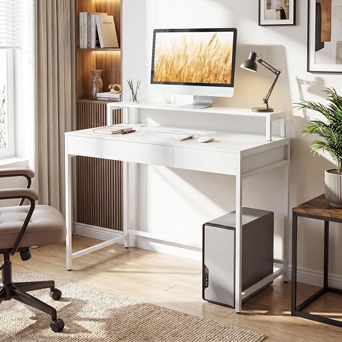 Tangkula Computer Desk with Dual-use Drawer & Keyboard Tray, Home Office Desk with Removable Monitor Shelf & Power Outlets, Modern Writing Desk Study Table for Home Apartment Dorm (White)