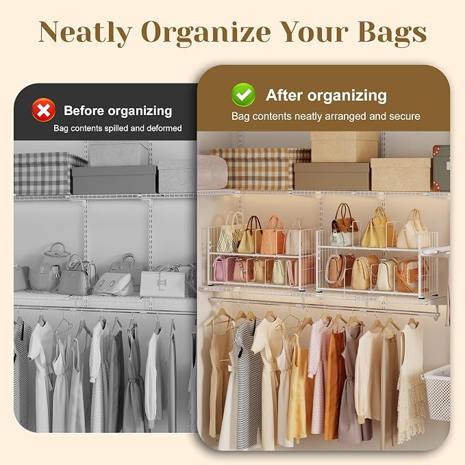 koozuuyk Purse Organizer for Closet-2 Tier Handbag Wire Organizer Rack with 6 Adjustable Shelf Dividers,Handbag Storage Holder for Purses,Totes,Clutches&Chain Bags