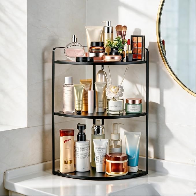 3 Tier Corner Bathroom Counter Organizer, Countertop Organizer, Makeup Organizer Countertop, Bathroom Storage Sink Shelf, Wooden and Metal Counter Shelf (Large Capacity-Black)