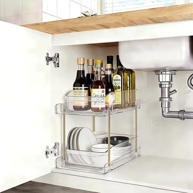 LAREKUN2pack 2-Tier Organizer & Storage Unit Stackable Bathroom Cabinet Organizer Pull-Out Kitchen Pantry Organizer & Storage System Suitable for Countertops, Pantries, Kitchens, Bathrooms