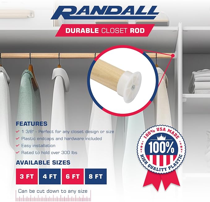 Closet Rod for Hanging Clothes, 4 FT Wood Closet Pole, 1-3/8" Thick Heavy Duty Closet Rod with Plastic Brackets & Screws, Natural Clothes Hanging Rod for Closet Organization, Made in USA