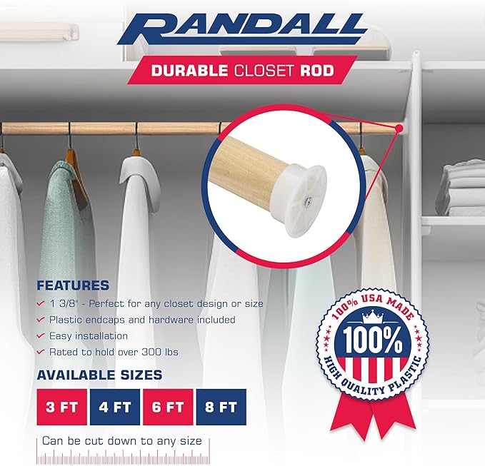 Closet Rod for Hanging Clothes, 6 FT Wood Closet Pole, 1-3/8" Thick Heavy Duty Closet Rod with Plastic Brackets & Screws, Natural Clothes Hanging Rod for Closet Organization, Made in USA