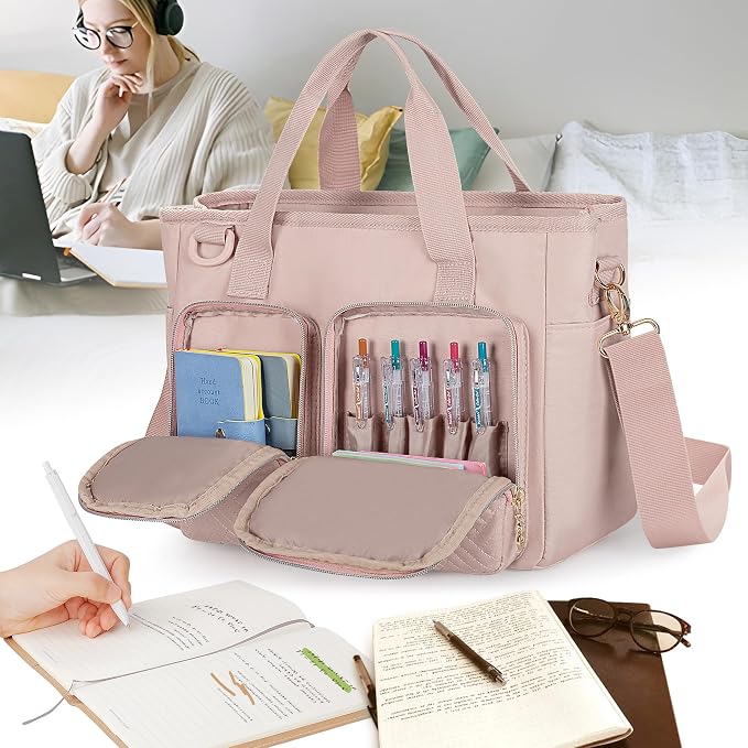Teamoy Journal Supplies Storage Case, Journal Bag Planner Case, Pink | Quilted Stationery Bag with Shoulder Strap, Large Travel Organizer for B5 Notebooks, Planner, Pens, and Journal Accessories