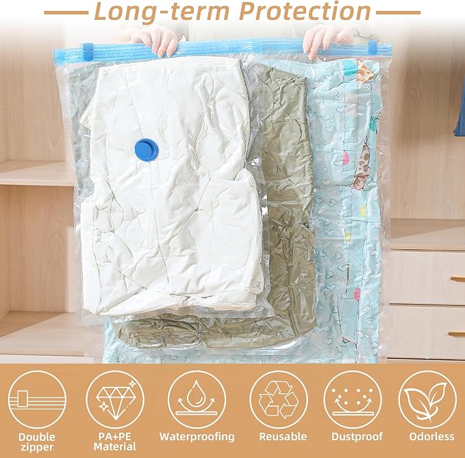 8 Pack Vacuum Storage Bag for Travel with Cordless Electric Pump, Large | Carry-on Packing Bags for Luggage and Suitcase, Space Saver Compression Clothes Storage Bag with Rechargeable Pump (8 Large)