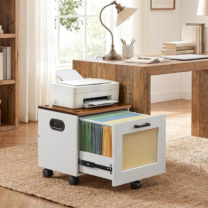HOOBRO File Cabinet, Rolling File Cart, Under Desk Small Filing Cabinet, File Organizer Box, Home Office File Basket with Drawer for A4, Letter Files, White and Walnut WH11WJ01G1
