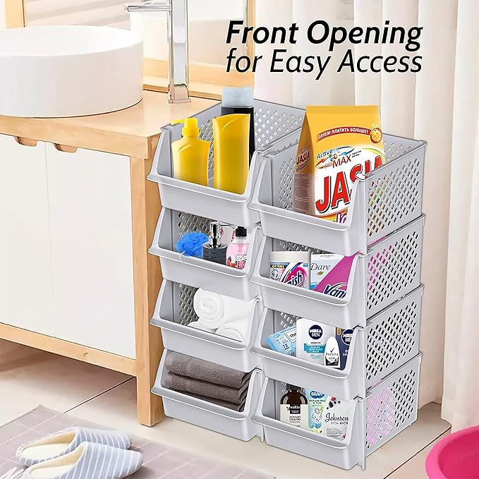 TidyFriend Stackable Storage Bins for Pantry - 8 Pack Stackable Bins for Organizing Food, Kitchen, and Bathroom Essentials (Light Grey)