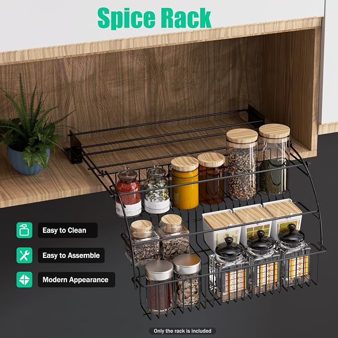 Spice Rack Organizer, 3 Tier Retractable Pull Down Cabinet Mount, Space Saving Design, Rust Resistant Heavy Duty with Railing Stopper & Mounting Screws for Kitchen Cabinet Pantry Cupboard