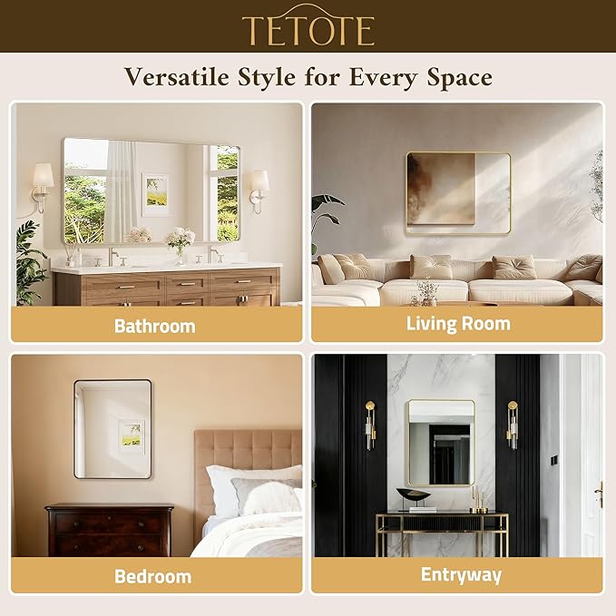 TETOTE 60 x 36 Inch Brushed Nickel Bathroom Mirror for Vanity Metal Framed Mirror Modern Farmhouse for Living Room Entryway(Horizontal/Vertical)