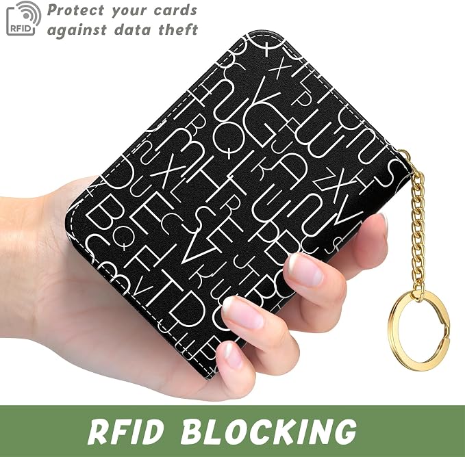 Aiawoxc Credit Card Holder, Small RFID Wallet Slim Leather Card Organizer Case with Zipper and Keychain, Fashion Alphabet