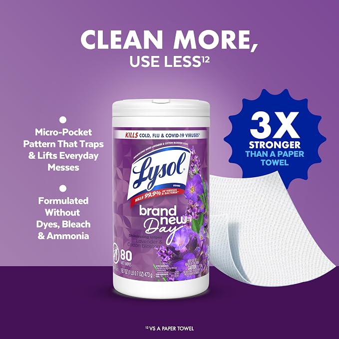 Lysol Disinfecting Wipes, Multi-Surface Cleaner, Lavender, 80 ct. | All Purpose Cleaner, Sanitizing, Deodorizing, Apartment Essentials, Back To School Cleaning Supplies, Kitchen & Bathroom Wipe