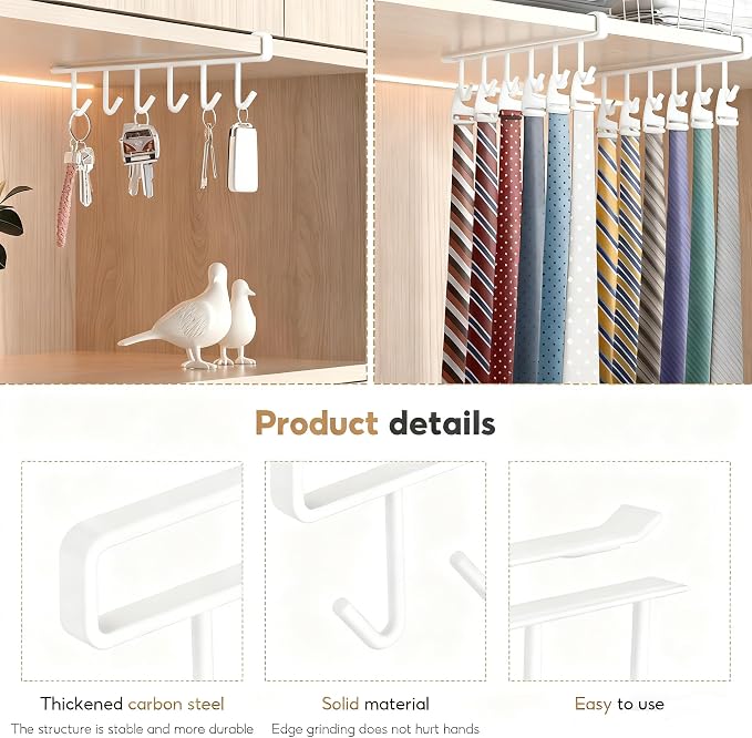 2Pcs White Mug Hanger, Under Cabinet Cup Holder Hanging Mug Organizer for Cabinet Nail Free Under Adhesive Coffee Cups Mug Holder Hanger for Cups/Kitchen Utensils/Ties Belts/Scarf/Keys Storage