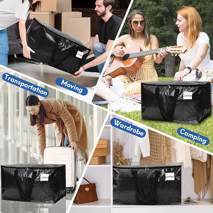6-Pack Extra-Large Heavy-Duty Moving Bags with Reinforced Handles, Durable Zippers & Waterproof Material — Perfect for Space-Saving, Storage, Shipping and Travel (Black)