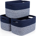 Storage Baskets for Organizing, 14 x 10 x 9” Closet Shelf Woven Baskets, Square Bins with Handles, Cotton Rope Basket for Clothes, Office, Room, Grey+Blue 3 Pack